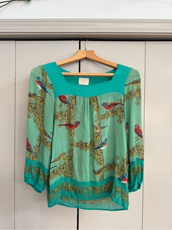 Anthropologie Tops - Anthropologie 100% Silk Bird-Print Square Neck Blouse